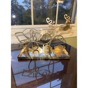 Vintage Metal Reindeer Sleigh: Gold color; shabby chic/cottagecore, Christmas